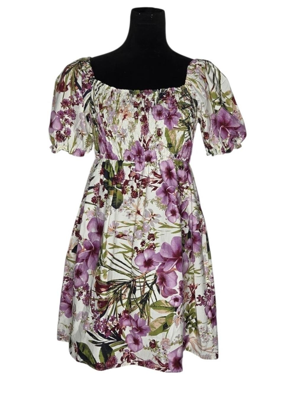 Floral Cotton Mini Dress Tropical Resort Smocked Off Shoulder Puff Sleeve Fits M - Picture 1 of 8